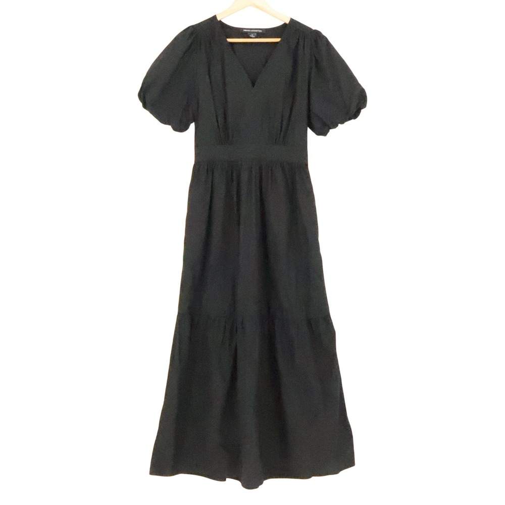 French Connection Tiered Maxi Dress Womens Size XS Black Puff Sleeve Pockets